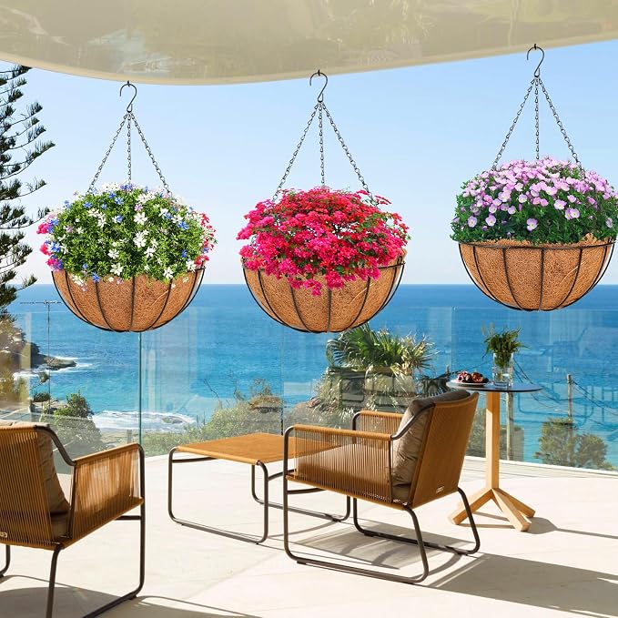 HKZ Hanging Basket Planter Plants Outdoor - 4 Pack 14 Inch Metal Hanging Planter with Coco Liners, Chain Hook Hanging Flower Pots for Indoor Outdoor Garden Porch Decoration