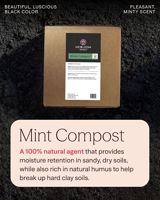 Heirloom Roses Mint Compost,100% Natural,Top Soil Amendment for Rose Planting, Rich in Micronutrients and Nitrogen for Garden Vegetables and Flowers, 26 Quart Box