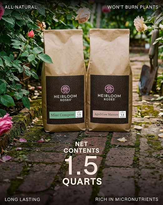 Heirloom Roses Mint Compost & Aged Cow Manure Bundle, 100% Natural Soil Amendments for Rose Planting, Enriched with Nitrogen & Micronutrients, Ideal for Garden Vegetables, Flowers & Soil, Bundle