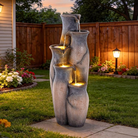 33" H Outdoor Water Fountain with Lights, 5-Tier Faux Terracotta Vase Waterfall, Rustic Cracked Stone Finish Resin Cascading Waterfall Feature with Tranquil Oasis for Garden, Patio, Yard, Porch