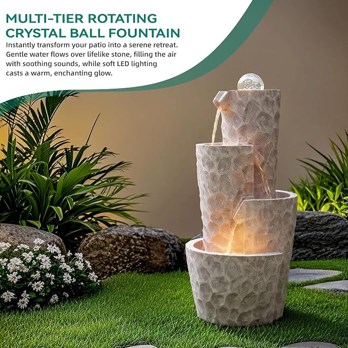 28" 4-Tier Twist Water Fountain with Rotating Crystal Ball, Exclusive Honeycomb Texture, Cascading Waterfalls, Weather-Resistant Outdoor Fountain Creates Tranquil Oasis for Garden Patio | Hammered Texture, Cascading Waterfalls, Weather-Resistant Outdoo...