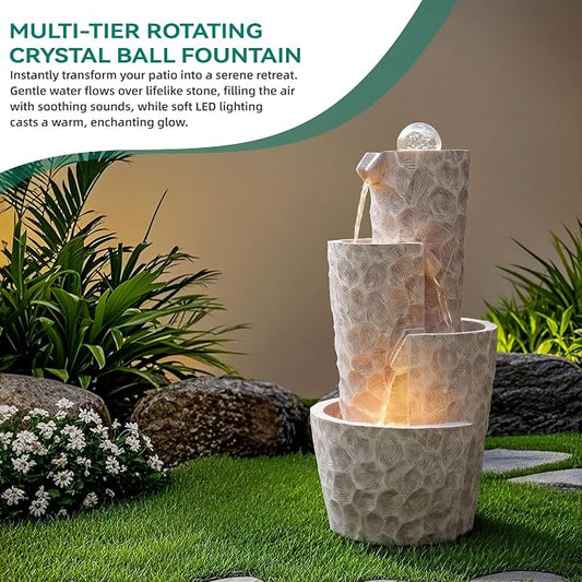 28" 4-Tier Twist Water Fountain with Rotating Crystal Ball, Exclusive Honeycomb Texture, Cascading Waterfalls, Weather-Resistant Outdoor Fountain Creates Tranquil Oasis for Garden Patio | Hammered Texture, Cascading Waterfalls, Weather-Resistant Outdoo...