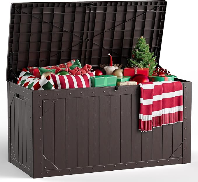 Outdoor Storage Box, 98 Gallon Deck Box, Outdoor Storage Bench, Waterproof Resin Storage Bench with Lockable Lid, Patio Furniture Cushions & Garden Tools Storage, UV Resistant (Brown)