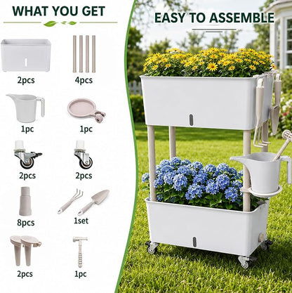 2-Tier 27.8"H Rolling Raised Garden Bed with Wheels, Self Watering Planter Box with Visible Water Level, Gray Rustproof Plastic Herb & Strawberry Planter for Indoor Outdoor Vegetables Flowers, DIY Kit