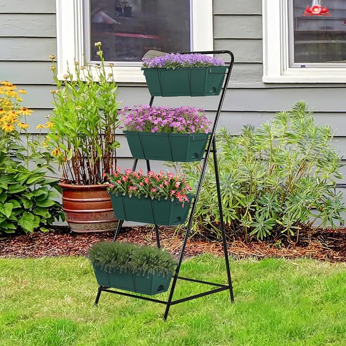 Vertical Raised Garden Bed 4 Tier Garden Planter for Outdoor Plants Standing Garden Planters with Drainage Holes Removable Tray for Herbs Flowers Vegetables Plants (Green)