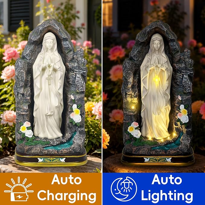Solar Virgin Mary Garden Statue 18.7" H - Outdoor Blessed Mother Sculpture with Warm Light, Hand Painted Resin Religious Decor for Yard Patio Entryway, Catholic Gift for Mom Women