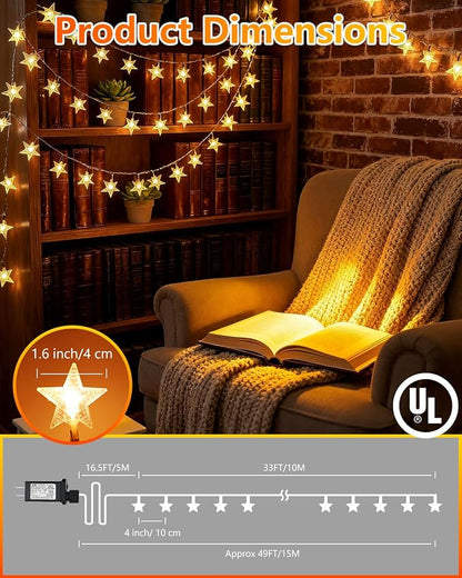 Twinkle Star 100 LED Star String Lights Plug in 33FT, Warm White | Plug In, Waterproof, Indoor Outdoor Use, Bedroom Wedding Party Ramadan Christmas Decor