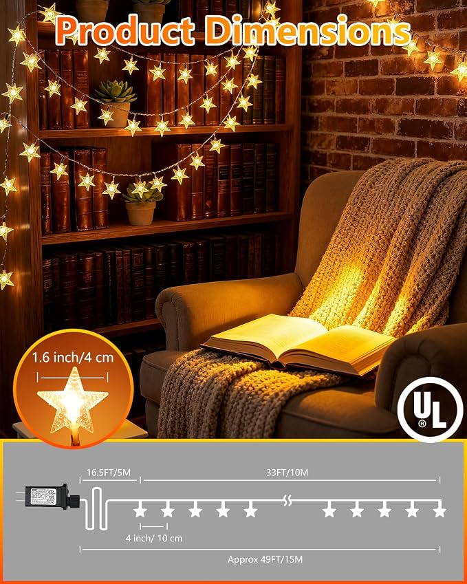 Twinkle Star 2 Pack 100 LED Star String Lights, Warm White | Plug In, Waterproof, Indoor Outdoor Use, Bedroom Wedding Party Ramadan Christmas Decor