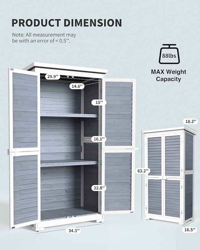 Gizoon Outdoor Storage Cabinet with 3 Shelves, Double Lockable Wooden Garden Shed with Waterproof Roof, Outside Vertical Tall Tool Shed for Yard Patio Lawn Deck-Grey