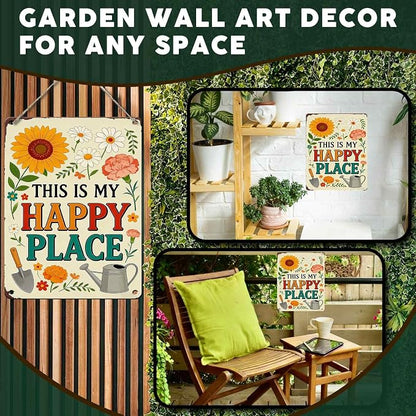 PEACHGARDEN Garden Signs This Is My Happy Place for Woman Gifts Garden Wall Decor Metal Tin Sign for Patio Yard She Shed Cabin 12x16 inch
