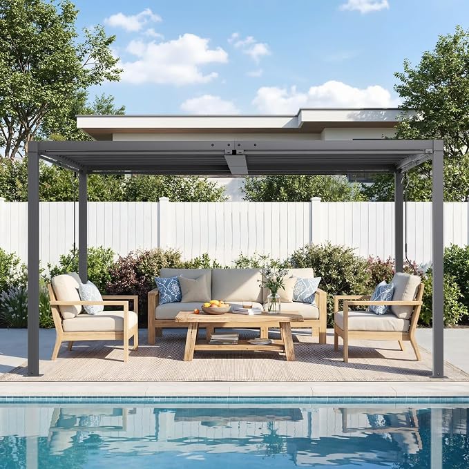 Louvered Pergola 10' x 13', Outdoor Aluminum Pergola with Reinforced Steel Roof, Heavy-Duty Hardtop Gazebo for Patio Deck, Weatherproof Sun Shade Shelter, Gray