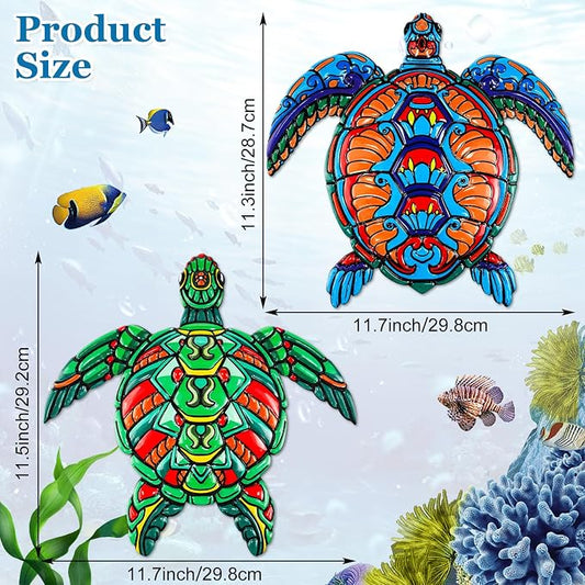 ULENDIS 2 PCS Metal Sea Turtle Wall Art Decor, Ocean Theme Outdoor Wall Decor, Nautical Hanging Decorations for Garden Pool Fence Patio Bathroom Indoor