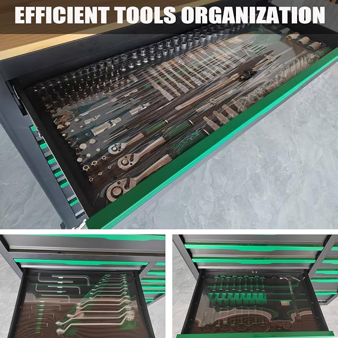 13-Drawers Rolling Tool Cabinet with Wood Workbench,Pegboard,60.6W x 22.7D x 66.1H inch,Heavy-Duty Steel Tool Storage,Lock & Key for Home,Garbge or Workshop Use(13 Drawer + 348 Pieces Tools)