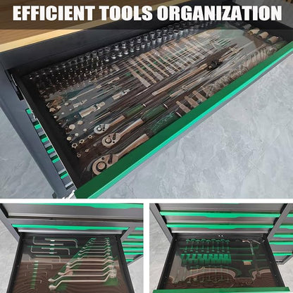13-Drawers Rolling Tool Cabinet with Wood Workbench,Pegboard,60.6W x 22.7D x 66.1H inch,Heavy-Duty Steel Tool Storage,Lock & Key for Home,Garbge or Workshop Use(13 Drawer + 348 Pieces Tools)