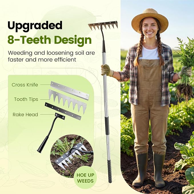 Iron Weeding Rake with Long Handle - Upgraded Rake 8 Teeth Weed Puller Tool, Heavy Duty Manual Weeder Remover Tool for Weeding, Cultivating & Soil Aeration