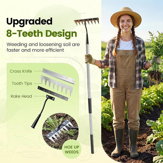 Iron Weeding Rake with Long Handle - Upgraded Rake 8 Teeth Weed Puller Tool, Heavy Duty Manual Weeder Remover Tool for Weeding, Cultivating & Soil Aeration