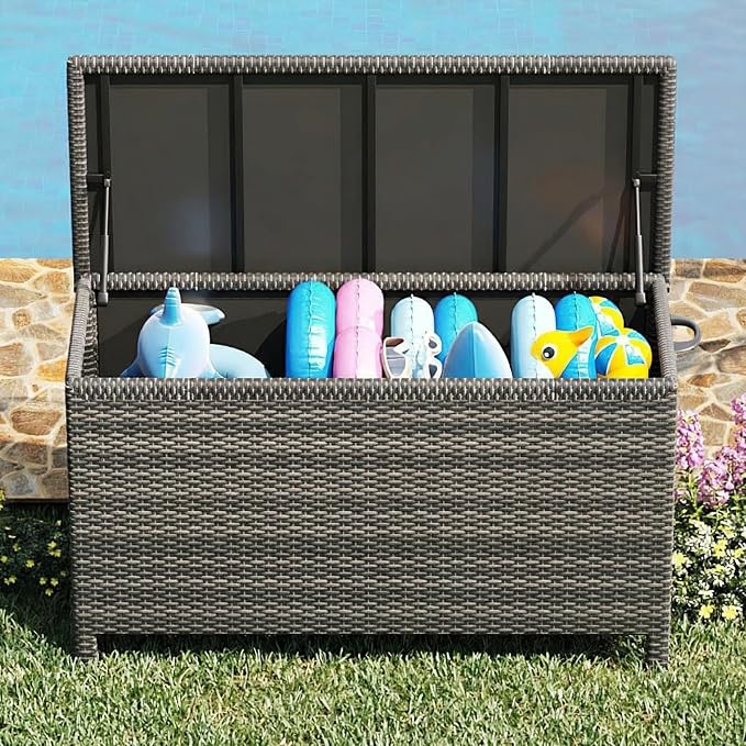 Wicker Deck Box, 125 Gallon All-Weather Outdoor Storage Box, Rattan Storage Bin for Patio Furniture, Outdoor Cushions, Pool Storage and Garden Tools, Grey