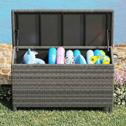 Wicker Deck Box, 125 Gallon All-Weather Outdoor Storage Box, Rattan Storage Bin for Patio Furniture, Outdoor Cushions, Pool Storage and Garden Tools, Grey