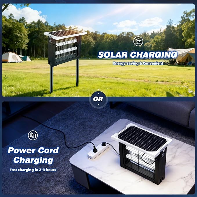 Solar Bug Zapper Outdoor for 2000 sq.ft with 13FT Extension Cord | Outdoor Portable Solar Mosquito Zapper, Rechargeable Solar Bug Zapper with High Powered for Patio Garden Backyard RV Camping