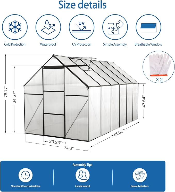 6x12 FT Polycarbonate Greenhouse with Raised Base and Anchor Aluminum,Heavy Duty Walk-in Green Houses,w/ Drainage System & Adjustable Roof/Sliding Door,for Outdoor Backyard,Black