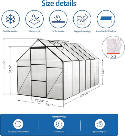 6x12 FT Polycarbonate Greenhouse with Raised Base and Anchor Aluminum,Heavy Duty Walk-in Green Houses,w/ Drainage System & Adjustable Roof/Sliding Door,for Outdoor Backyard,Black