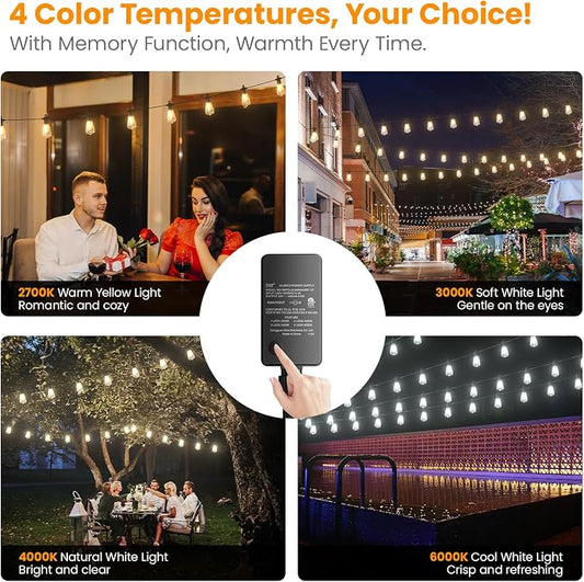 Kawaya Outdoor String Lights for Patio - ST38 Outside IP65 Waterproof Hanging Light with 2700k~6000k Dimmable - 50FT Led Edison Lights for Cafe Bistro Yard Gazebo Porch