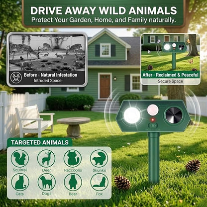 4Pack Solar Animal Repeller Outdoor,Waterproof Sonic Fortress Pro Deer Repellent Devices,Cat Repellent with Red&Blue Flash Lights to Scare Rabbit Raccoon Squirrel