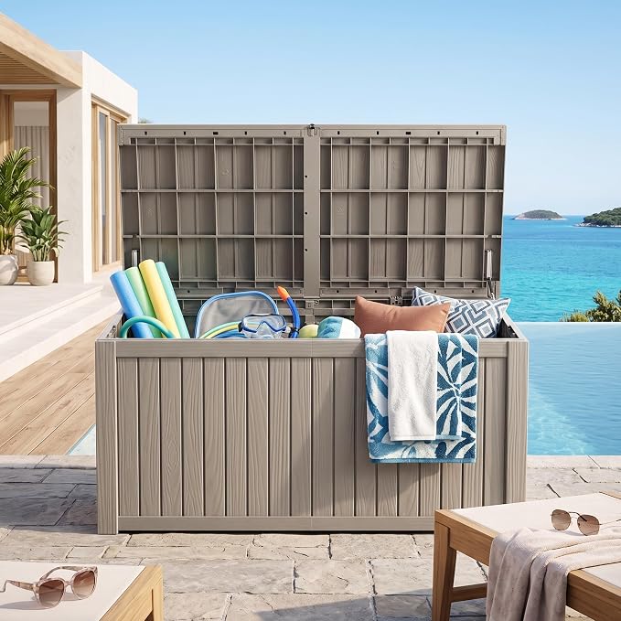 Outdoor Storage Box, 200 Gallon Waterproof Deck Box [Upgraded 3.1], Large Resin Storage with Hydraulic Lifts for King Cushions, Heavy Duty Lockable Bench Seat, Pool Deck, Grey