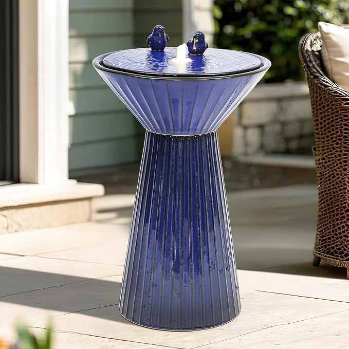 AUTODAYA 28" Ceramic Outdoor Water Fountain LED Birdbath, Cobalt Blue | reactive glaze finish, bird accents, patio garden porch Backyard
