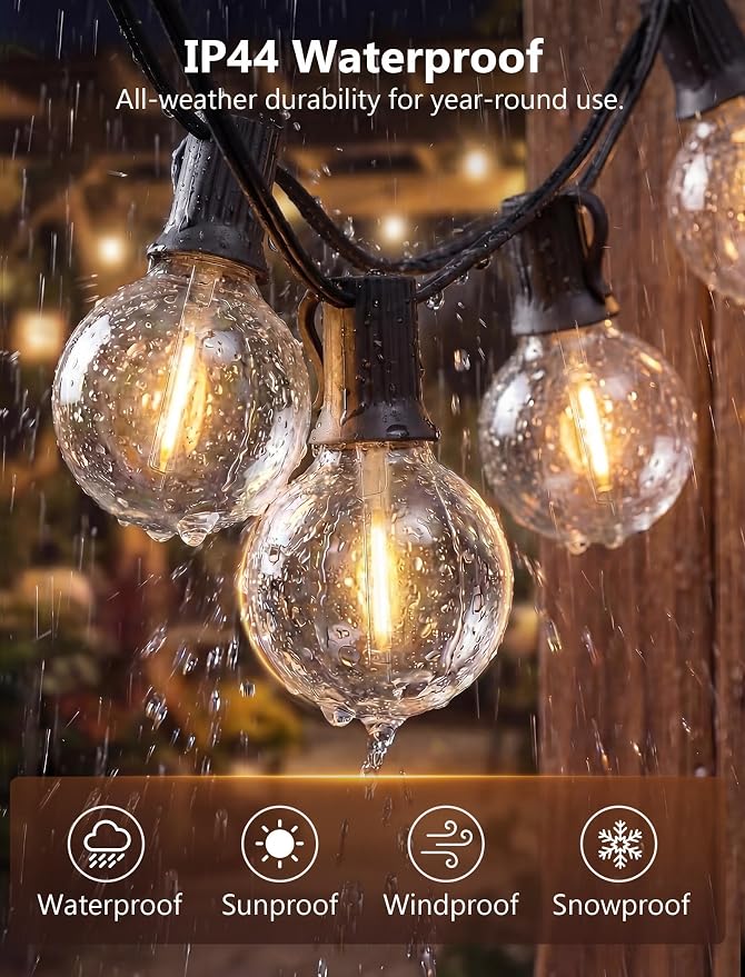 LED Outdoor String Lights, 25Ft G40 Globe Patio String Light Waterproof with 27 LED Warm White Bulbs, Hanging Outdoor Lights for Backyard Garden Porch Bistro Wedding Party Holiday Decor, Black Wire