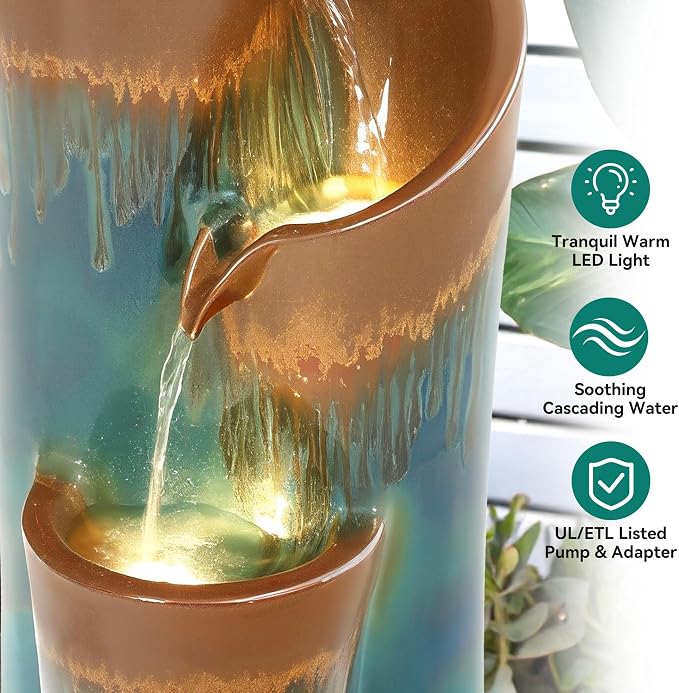 32" Ceramic Outdoor Water Fountain w/LED, Teal & Copper Water Feature | high-fired ceramic water fountain outdoor garden decor, lighted cascading waterfall, tranquil oasis for patio, yard, porch