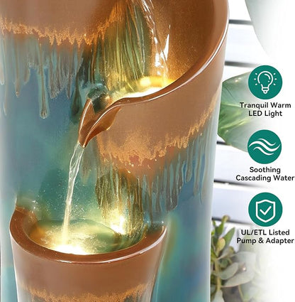 32" Ceramic Outdoor Water Fountain w/LED, Teal & Copper Water Feature | high-fired ceramic water fountain outdoor garden decor, lighted cascading waterfall, tranquil oasis for patio, yard, porch