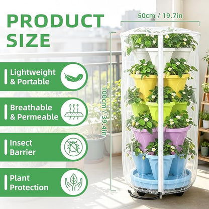 2PCS Mesh Vertical Planter Bug Netting, 39"X20" Large Stackable Planter Netting 5 Tier Strawberry Planter Protector White Round Garden Bird Netting Plant Cover with Zipper for Tomato Flower Fruit