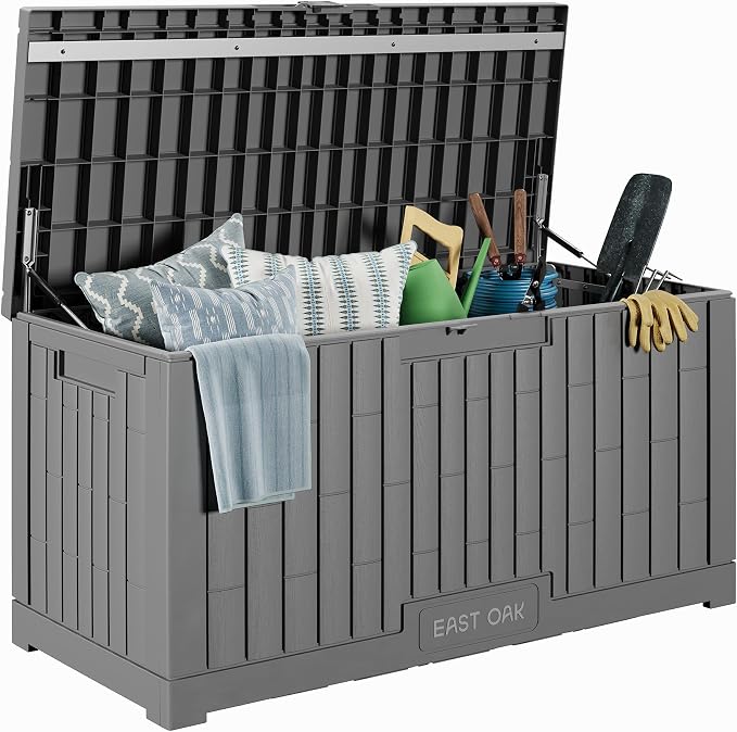 EAST OAK Outdoor Storage Box, 100 Gallon Deck Box, Waterproof Resin Storage Bench for Patio Cushions, Gardening Tools, Pool Toys, Lockable, UV Resistant, Grey