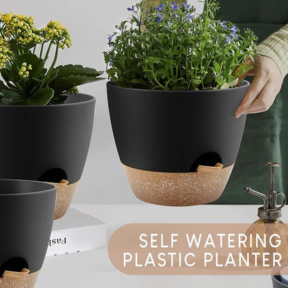 YNNICO Plant Pots 10/9/8/7.5/7 inch, Self Watering Planters with Drainage Holes & Saucers for Indoor and Outdoor Plants (Black)