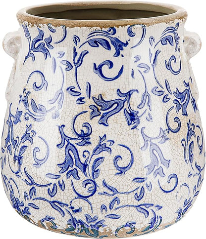 Ceramic Scroll Planter 6.5 Inch Chinoiserie Floral Vase with Drainage Holes Vintage Flower Vase Flower Pot Rustic Ceramic Pots for Indoor Plants Garden Home Bookshelf Decor(Blue Floral)