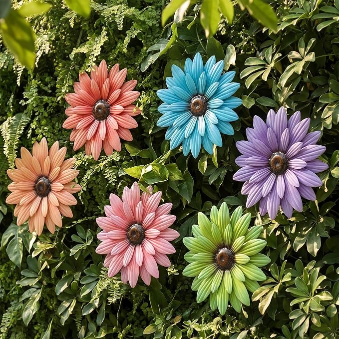 Zhehao 6 Pcs Metal Flower Wall Art Decor 8 Inch Sunflower Wall Decorations Hanging Outdoor Art Multicolored Handmade Metal Flowers Outdoor Decor (Morandi Color)