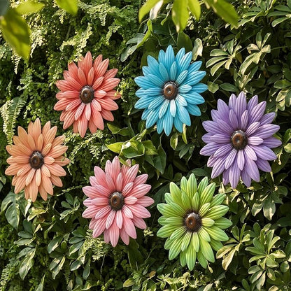 Zhehao 6 Pcs Metal Flower Wall Art Decor 8 Inch Sunflower Wall Decorations Hanging Outdoor Art Multicolored Handmade Metal Flowers Outdoor Decor (Morandi Color)