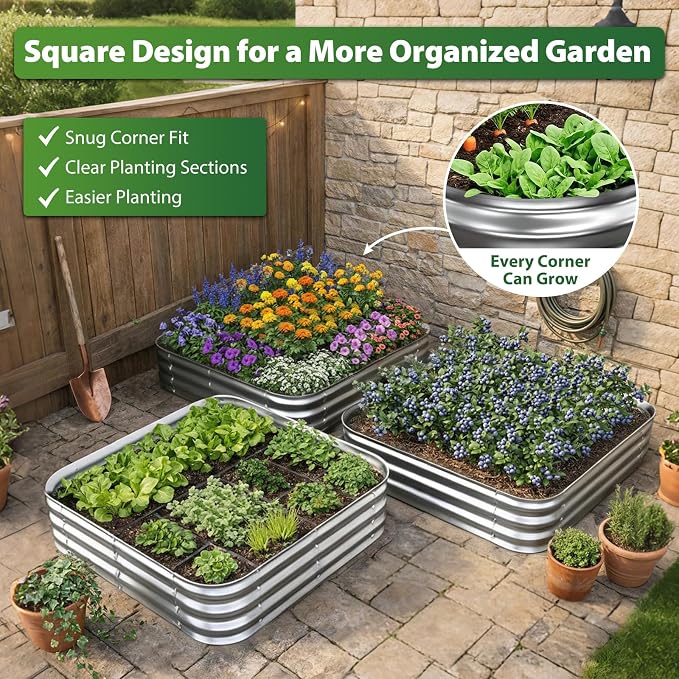 Square Galvanized Raised Garden Bed 4x4 ft – Heavy Duty Metal Planter Box for Vegetables & Flowers,Herb– 12" Deep Rust-Resistant Outdoor Gardening Bed with Easy Assembly, Above Ground (Silver)