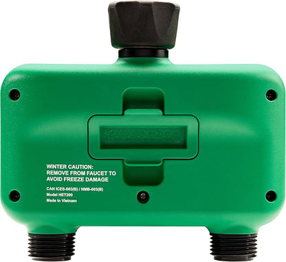 Rain Bird HET200 Electronic Digital Hose End Watering/Irrigation Timer, Battery Operated, 3/4" Garden Hose Thread, Heavy-Duty Brass Inlet, 2 Outlets/Ports