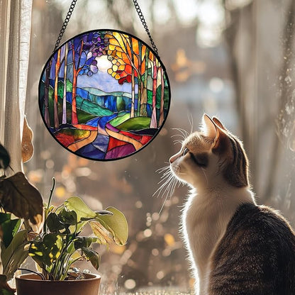 DASTOLL Stained Glass Window Hanging, Colorful Forest Landscape Tree Suncatcher for Doors Window Home Abstract Sun Catchers Decoration Mother's Day Birthday Gifts for Women, Men, and Mom 9.8 in