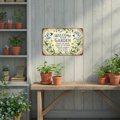 Garden Decor Sign Welcome to Our Garden Floral Wall Art | Garden Lovers • Yard Patio Display • Garden Theme • Vintage Botanical Style • UV Printed • 8x12 Inch