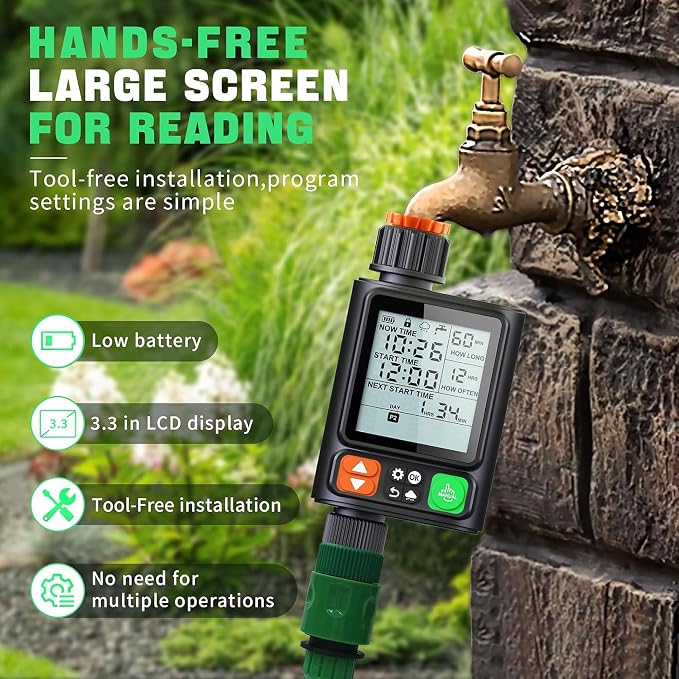 Sprinkler Timer for Garden Hose,3.3" LCD Display,10 Independent Watering Programs,Automatic Rain Delay,Outdoor Faucet Water Timer with Manual Mode,IP54 Waterproof for Lawn Yard Irrigation