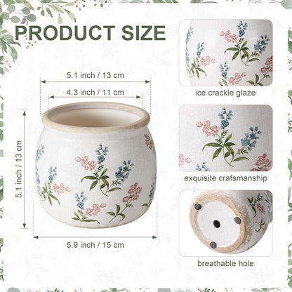 DREAMLOOM Vintage Ceramic Planter for Indoor Plants,6.1" Ice Crack Cottage Scroll Vase Tuscan Decor Flower Pots with Drainage Holes Home Kitchen Farmhouse Antique Decorative Gift (Red-Round)
