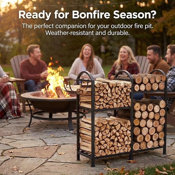 Firewood Rack Indoor Outdoor With Hooks, 31inch Firewood Rack, 2-Tier log holders for firewood outdoor, Fireplace Wood holder Indoor, Adjustable Small Fire Wood Storage