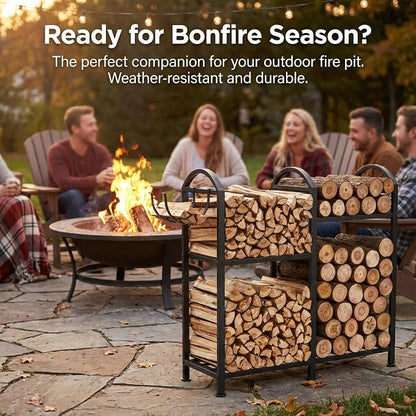 Firewood Rack Indoor Outdoor With Hooks, 31inch Firewood Rack, 2-Tier log holders for firewood outdoor, Fireplace Wood holder Indoor, Adjustable Small Fire Wood Storage