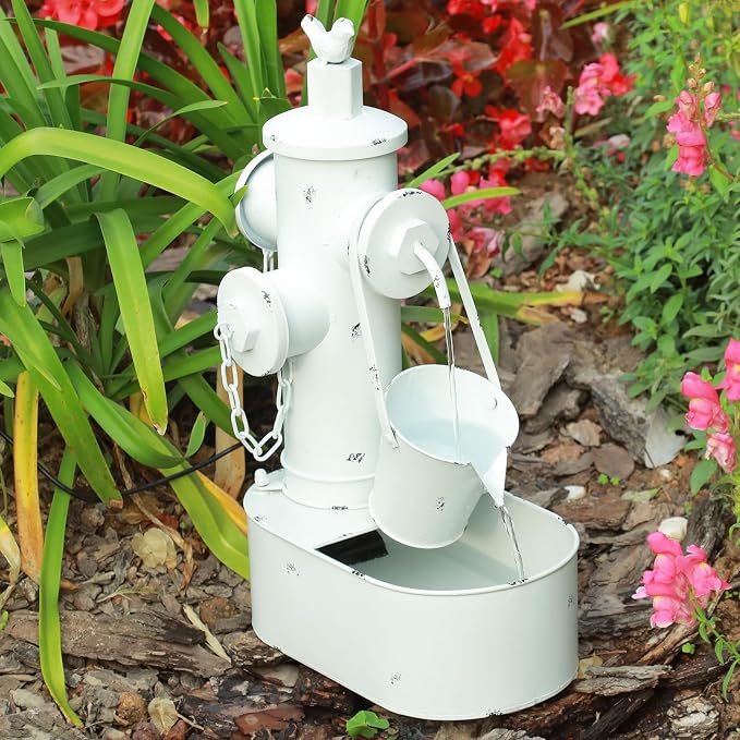 Metal Fire Hydrant Solar Water Fountain with Backup Battery | water fountain outdoor,Solar Fountain Bird Bath for Garden, Patio & Yard Decor,Working at Night for at Least 6 Hours (White)