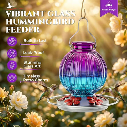 Glass Hummingbird Feeder for Outdoors Hanging, 26Oz Bird Nectar Feeder with Perch & 5 Flower Feeding Ports, Leak Proof for Outside Garden Decor Backyard, Gifts for Women Mom, Purple & Blue