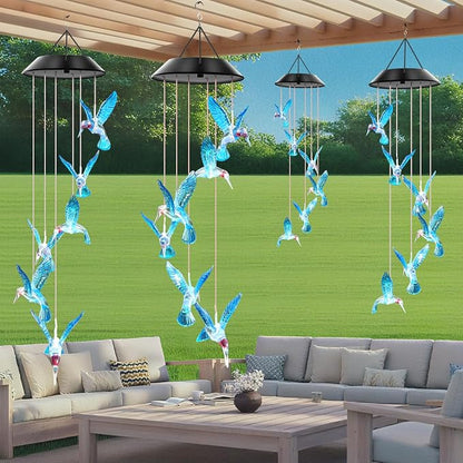 WENANA Blue Hummingbird Solar Wind Chimes Color Changing Lights Outdoor, Best Gifts for Mom Grandma Women Wife Aunt Daughter Sister, Unique Mobile Wind Chime, Gardening Yard Decorations