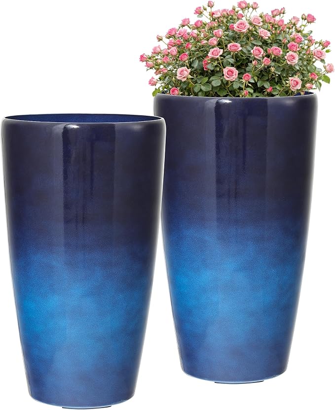 22.8" Gradient Blue Resin Tall Outdoor Planters with Drainage Holes | Set of 2 resin tall planters with deep gradient blue finish, drainage plugs, and UV-resistant surface for porch or patio